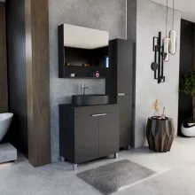 HD Paris Matt Black 80 komplett fürdőszoba bútor szett álló mosdószekrénnyel, fényes króm elemekkel, fekete mosdópulttal, tükrös szekrénnyel és magasszekrénnyel