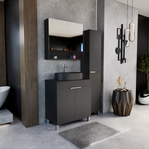 HD Paris Matt Black 80 komplett fürdőszoba bútor szett álló mosdószekrénnyel, fényes króm elemekkel, fekete mosdópulttal, tükrös szekrénnyel és magasszekrénnyel