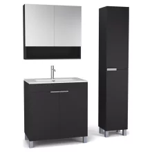 HD Paris Matt Black 80 komplett fürdőszoba bútor szett álló mosdószekrénnyel, szálcsiszolt króm elemekkel, fényes fehér slim mosdóval, tükrös szekrénnyel és magasszekrénnyel