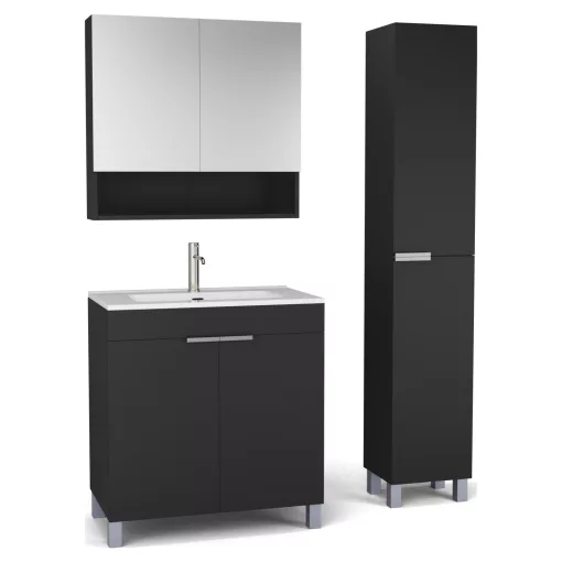 HD Paris Matt Black 80 komplett fürdőszoba bútor szett álló mosdószekrénnyel, szálcsiszolt króm elemekkel, fényes fehér slim mosdóval, tükrös szekrénnyel és magasszekrénnyel