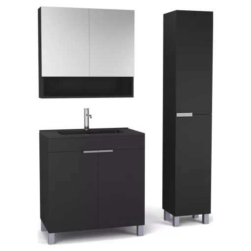 HD Paris Matt Black 80 komplett fürdőszoba bútor szett álló mosdószekrénnyel, szálcsiszolt króm elemekkel, matt fekete slim mosdóval, tükrös szekrénnyel és magasszekrénnyel