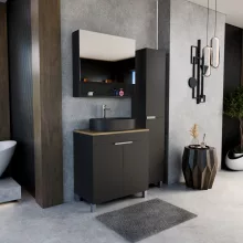 HD Paris Matt Black 80 komplett fürdőszoba bútor álló mosdószekrénnyel, szálcsiszolt króm elemekkel, tölgyfa színű mosdópulttal és tükrös szekrénnyel