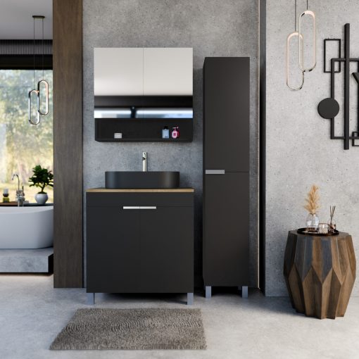 HD Paris Matt Black 80 komplett fürdőszoba bútor szett álló mosdószekrénnyel, szálcsiszolt króm elemekkel, tölgyfa színű mosdópulttal, tükrös szekrénnyel és magasszekrénnyel