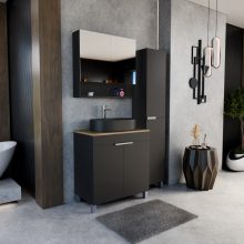 HD Paris Matt Black 80 komplett fürdőszoba bútor szett álló mosdószekrénnyel, szálcsiszolt króm elemekkel, tölgyfa színű mosdópulttal, tükrös szekrénnyel és magasszekrénnyel