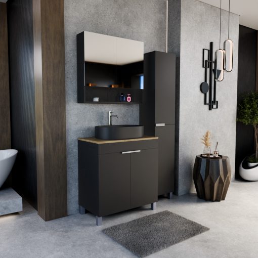 HD Paris Matt Black 80 komplett fürdőszoba bútor szett álló mosdószekrénnyel, szálcsiszolt króm elemekkel, tölgyfa színű mosdópulttal, tükrös szekrénnyel és magasszekrénnyel