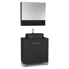   HD Paris Matt Black 80 komplett fürdőszoba bútor álló mosdószekrénnyel, szálcsiszolt króm elemekkel, fekete mosdópulttal és tükrös szekrénnyel