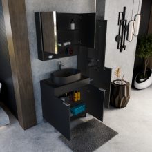 HD Paris Matt Black 80 komplett fürdőszoba bútor álló mosdószekrénnyel, szálcsiszolt króm elemekkel, fekete mosdópulttal és tükrös szekrénnyel