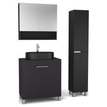 HD Paris Matt Black 80 komplett fürdőszoba bútor szett álló mosdószekrénnyel, szálcsiszolt króm elemekkel, fekete mosdópulttal, tükrös szekrénnyel és magasszekrénnyel