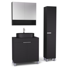   HD Paris Matt Black 80 komplett fürdőszoba bútor szett álló mosdószekrénnyel, szálcsiszolt króm elemekkel, fekete mosdópulttal, tükrös szekrénnyel és magasszekrénnyel