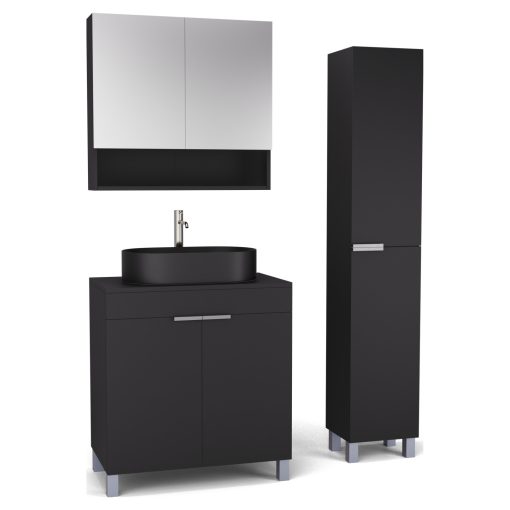 HD Paris Matt Black 80 komplett fürdőszoba bútor szett álló mosdószekrénnyel, szálcsiszolt króm elemekkel, fekete mosdópulttal, tükrös szekrénnyel és magasszekrénnyel