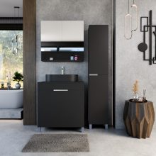 HD Paris Matt Black 80 komplett fürdőszoba bútor szett álló mosdószekrénnyel, szálcsiszolt króm elemekkel, fekete mosdópulttal, tükrös szekrénnyel és magasszekrénnyel