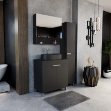 HD Paris Matt Black 80 komplett fürdőszoba bútor szett álló mosdószekrénnyel, szálcsiszolt króm elemekkel, fekete mosdópulttal, tükrös szekrénnyel és magasszekrénnyel