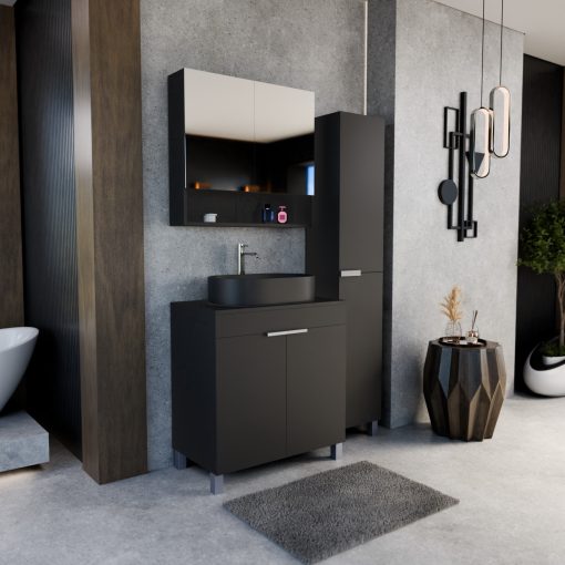 HD Paris Matt Black 80 komplett fürdőszoba bútor szett álló mosdószekrénnyel, szálcsiszolt króm elemekkel, fekete mosdópulttal, tükrös szekrénnyel és magasszekrénnyel