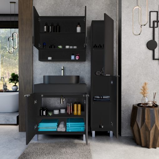 HD Paris Matt Black 80 komplett fürdőszoba bútor szett álló mosdószekrénnyel, szálcsiszolt króm elemekkel, fekete mosdópulttal, tükrös szekrénnyel és magasszekrénnyel