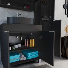 HD Paris Matt Black 80 komplett fürdőszoba bútor szett álló mosdószekrénnyel, szálcsiszolt króm elemekkel, fekete mosdópulttal, tükrös szekrénnyel és magasszekrénnyel