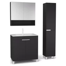 HD Paris Matt Black 80 komplett fürdőszoba bútor szett álló mosdószekrénnyel, matt fehér elemekkel, fényes fehér slim mosdóval, tükrös szekrénnyel és magasszekrénnyel