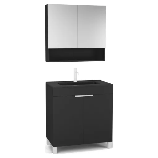 HD Paris Matt Black 80 komplett fürdőszoba bútor álló mosdószekrénnyel, matt fehér elemekkel, matt fekete slim mosdóval és tükrös szekrénnyel