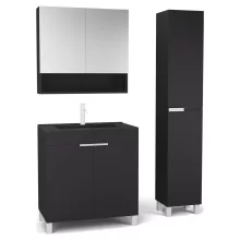 HD Paris Matt Black 80 komplett fürdőszoba bútor szett álló mosdószekrénnyel, matt fehér elemekkel, matt fekete slim mosdóval, tükrös szekrénnyel és magasszekrénnyel