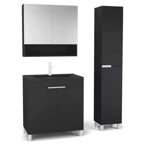 HD Paris Matt Black 80 komplett fürdőszoba bútor szett álló mosdószekrénnyel, matt fehér elemekkel, matt fekete slim mosdóval, tükrös szekrénnyel és magasszekrénnyel