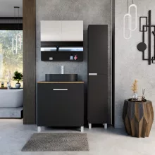 HD Paris Matt Black 80 komplett fürdőszoba bútor álló mosdószekrénnyel, matt fehér elemekkel, tölgyfa színű mosdópulttal és tükrös szekrénnyel