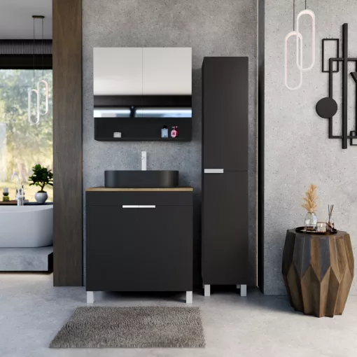 HD Paris Matt Black 80 komplett fürdőszoba bútor álló mosdószekrénnyel, matt fehér elemekkel, tölgyfa színű mosdópulttal és tükrös szekrénnyel