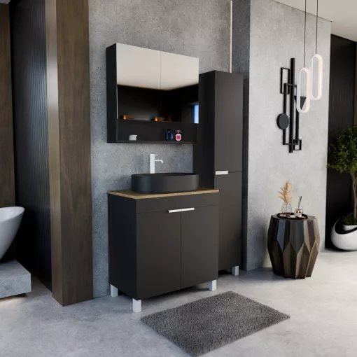 HD Paris Matt Black 80 komplett fürdőszoba bútor álló mosdószekrénnyel, matt fehér elemekkel, tölgyfa színű mosdópulttal és tükrös szekrénnyel