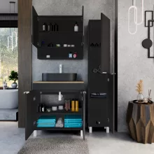HD Paris Matt Black 80 komplett fürdőszoba bútor álló mosdószekrénnyel, matt fehér elemekkel, tölgyfa színű mosdópulttal és tükrös szekrénnyel
