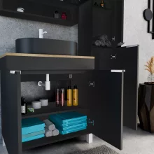 HD Paris Matt Black 80 komplett fürdőszoba bútor álló mosdószekrénnyel, matt fehér elemekkel, tölgyfa színű mosdópulttal és tükrös szekrénnyel
