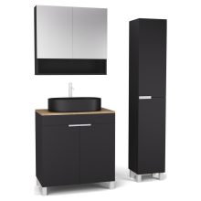 HD Paris Matt Black 80 komplett fürdőszoba bútor szett álló mosdószekrénnyel, matt fehér elemekkel, tölgyfa színű mosdópulttal, tükrös szekrénnyel és magasszekrénnyel