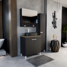 HD Paris Matt Black 80 komplett fürdőszoba bútor szett álló mosdószekrénnyel, matt fehér elemekkel, tölgyfa színű mosdópulttal, tükrös szekrénnyel és magasszekrénnyel