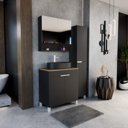 HD Paris Matt Black 80 komplett fürdőszoba bútor szett álló mosdószekrénnyel, matt fehér elemekkel, tölgyfa színű mosdópulttal, tükrös szekrénnyel és magasszekrénnyel