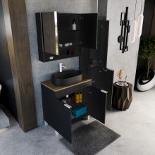 HD Paris Matt Black 80 komplett fürdőszoba bútor szett álló mosdószekrénnyel, matt fehér elemekkel, tölgyfa színű mosdópulttal, tükrös szekrénnyel és magasszekrénnyel