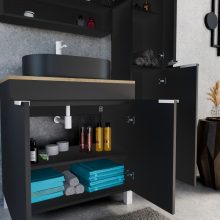 HD Paris Matt Black 80 komplett fürdőszoba bútor szett álló mosdószekrénnyel, matt fehér elemekkel, tölgyfa színű mosdópulttal, tükrös szekrénnyel és magasszekrénnyel