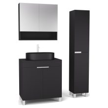 HD Paris Matt Black 80 komplett fürdőszoba bútor szett álló mosdószekrénnyel, matt fehér elemekkel, fekete mosdópulttal, tükrös szekrénnyel és magasszekrénnyel