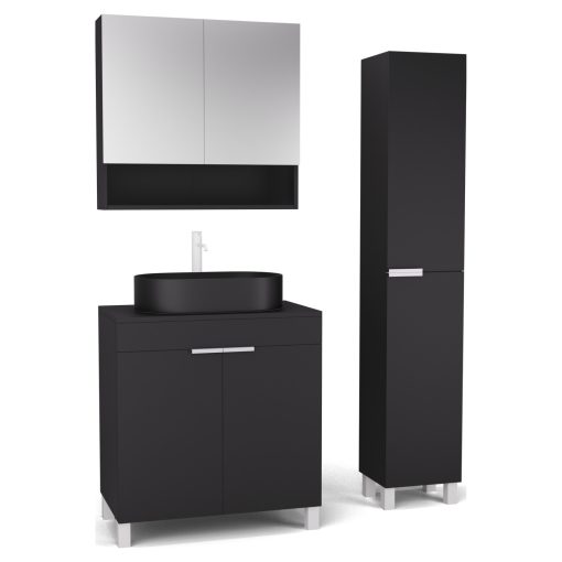 HD Paris Matt Black 80 komplett fürdőszoba bútor szett álló mosdószekrénnyel, matt fehér elemekkel, fekete mosdópulttal, tükrös szekrénnyel és magasszekrénnyel