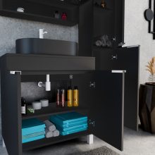 HD Paris Matt Black 80 komplett fürdőszoba bútor szett álló mosdószekrénnyel, matt fehér elemekkel, fekete mosdópulttal, tükrös szekrénnyel és magasszekrénnyel