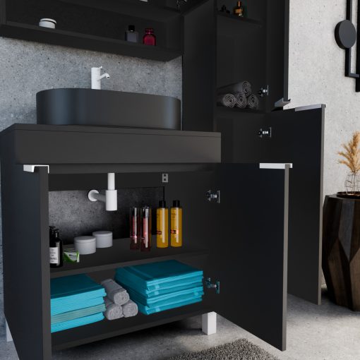 HD Paris Matt Black 80 komplett fürdőszoba bútor szett álló mosdószekrénnyel, matt fehér elemekkel, fekete mosdópulttal, tükrös szekrénnyel és magasszekrénnyel