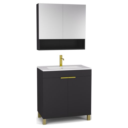 HD Paris Matt Black 80 komplett fürdőszoba bútor álló mosdószekrénnyel, szálcsiszolt arany elemekkel, fényes fehér slim mosdóval és tükrös szekrénnyel