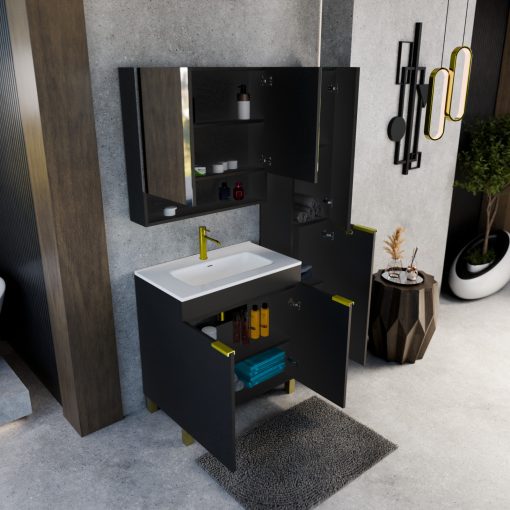 HD Paris Matt Black 80 komplett fürdőszoba bútor álló mosdószekrénnyel, szálcsiszolt arany elemekkel, fényes fehér slim mosdóval és tükrös szekrénnyel