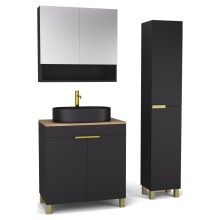 HD Paris Matt Black 80 komplett fürdőszoba bútor szett álló mosdószekrénnyel, szálcsiszolt arany elemekkel, tölgyfa színű mosdópulttal, tükrös szekrénnyel és magasszekrénnyel
