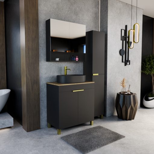 HD Paris Matt Black 80 komplett fürdőszoba bútor szett álló mosdószekrénnyel, szálcsiszolt arany elemekkel, tölgyfa színű mosdópulttal, tükrös szekrénnyel és magasszekrénnyel