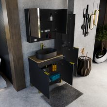 HD Paris Matt Black 80 komplett fürdőszoba bútor szett álló mosdószekrénnyel, szálcsiszolt arany elemekkel, tölgyfa színű mosdópulttal, tükrös szekrénnyel és magasszekrénnyel