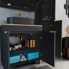 HD Paris Matt Black 80 komplett fürdőszoba bútor szett álló mosdószekrénnyel, szálcsiszolt arany elemekkel, tölgyfa színű mosdópulttal, tükrös szekrénnyel és magasszekrénnyel