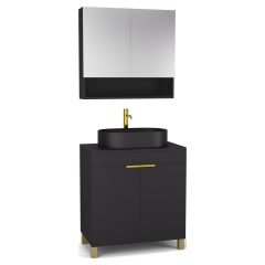   HD Paris Matt Black 80 komplett fürdőszoba bútor álló mosdószekrénnyel, szálcsiszolt arany elemekkel, fekete mosdópulttal és tükrös szekrénnyel