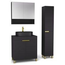 HD Paris Matt Black 80 komplett fürdőszoba bútor szett álló mosdószekrénnyel, szálcsiszolt arany elemekkel, fekete mosdópulttal, tükrös szekrénnyel és magasszekrénnyel