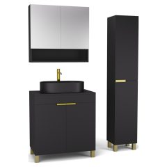   HD Paris Matt Black 80 komplett fürdőszoba bútor szett álló mosdószekrénnyel, szálcsiszolt arany elemekkel, fekete mosdópulttal, tükrös szekrénnyel és magasszekrénnyel