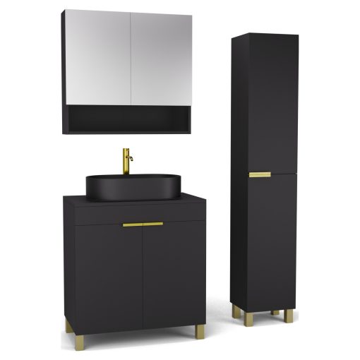 HD Paris Matt Black 80 komplett fürdőszoba bútor szett álló mosdószekrénnyel, szálcsiszolt arany elemekkel, fekete mosdópulttal, tükrös szekrénnyel és magasszekrénnyel