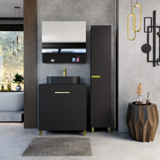 HD Paris Matt Black 80 komplett fürdőszoba bútor szett álló mosdószekrénnyel, szálcsiszolt arany elemekkel, fekete mosdópulttal, tükrös szekrénnyel és magasszekrénnyel