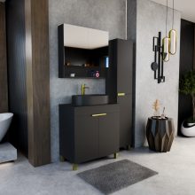 HD Paris Matt Black 80 komplett fürdőszoba bútor szett álló mosdószekrénnyel, szálcsiszolt arany elemekkel, fekete mosdópulttal, tükrös szekrénnyel és magasszekrénnyel