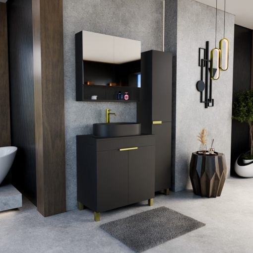 HD Paris Matt Black 80 komplett fürdőszoba bútor szett álló mosdószekrénnyel, szálcsiszolt arany elemekkel, fekete mosdópulttal, tükrös szekrénnyel és magasszekrénnyel